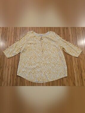 Como Blu Floral Tie-Neck 3/4 Sleeve Women's Top in Yellow